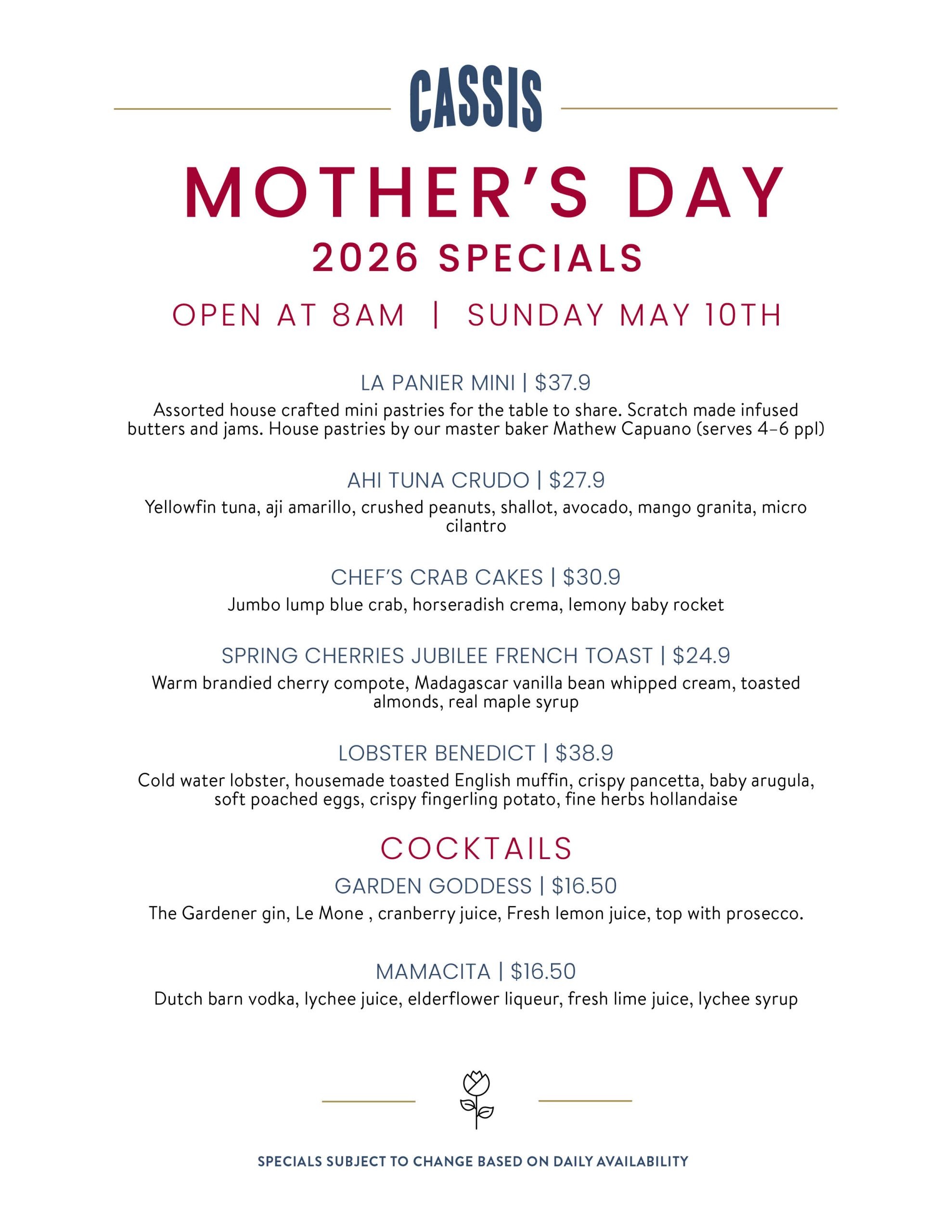 Cassis Menu Holiday 2026 Mothers Day 8.5x11