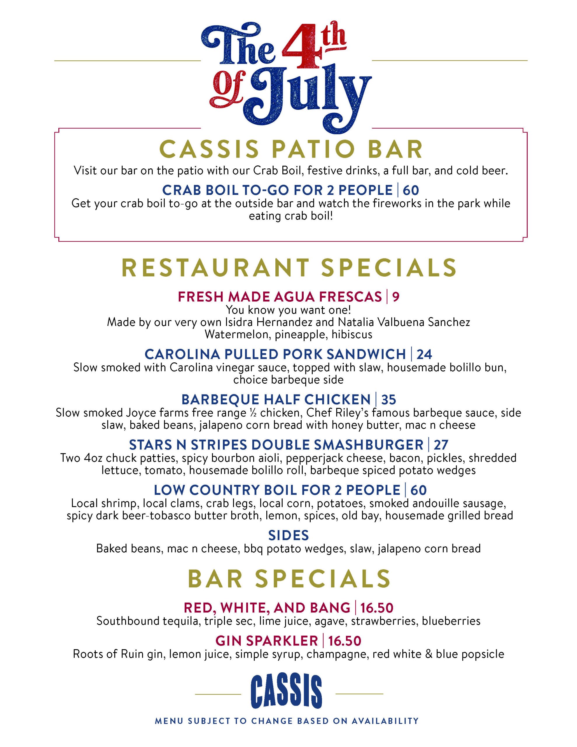 Cassis Menu Holiday July4th 2026 8.5x11