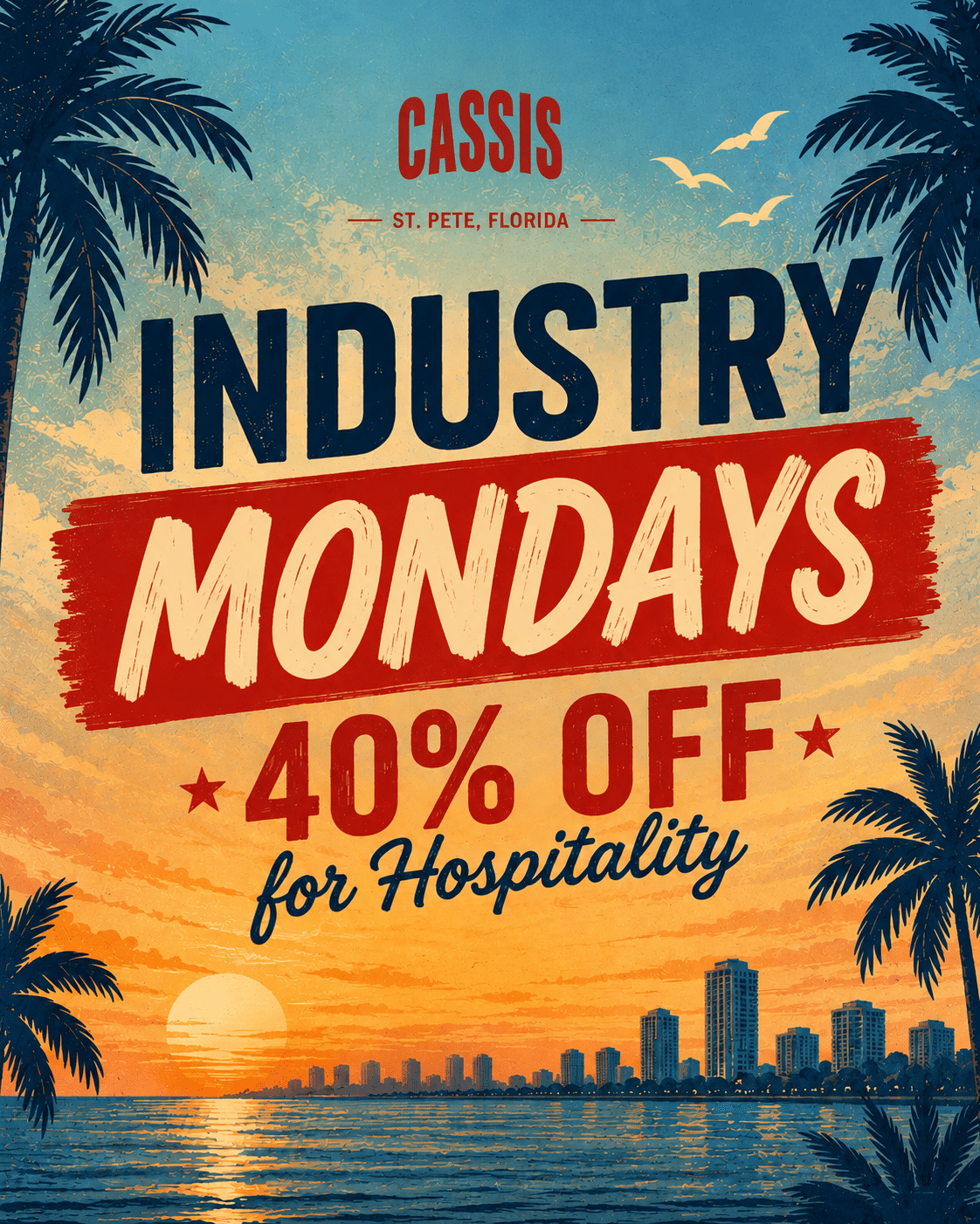 Cassis Industry Mondays flyer offering 40% off for hospitality professionals.
